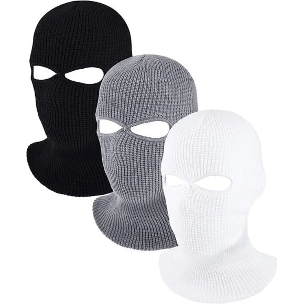 3Pcs Men's 2 Holes Ski Mask Winter Balaclava Knitted Full Face Cover Beanie Hat